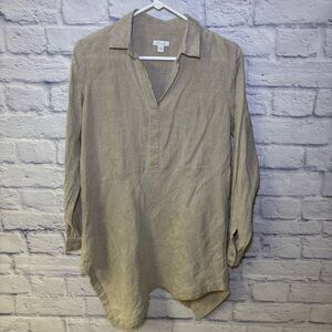 J. Jill Boho Beige Linen Long Sleeve V-neck asymmetry hem Lagenlook blouse tunic